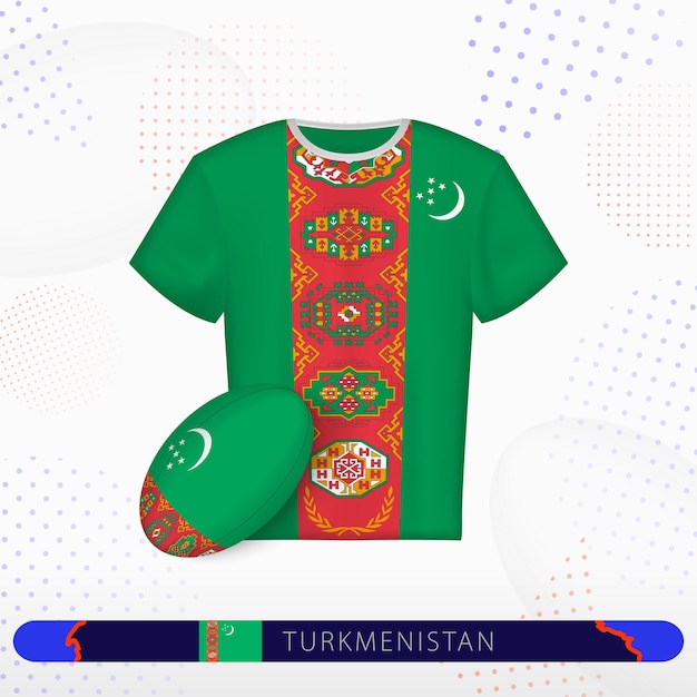 Turkmenistan rugby jersey with rugby ball of Turkmenistan on abstract sport background