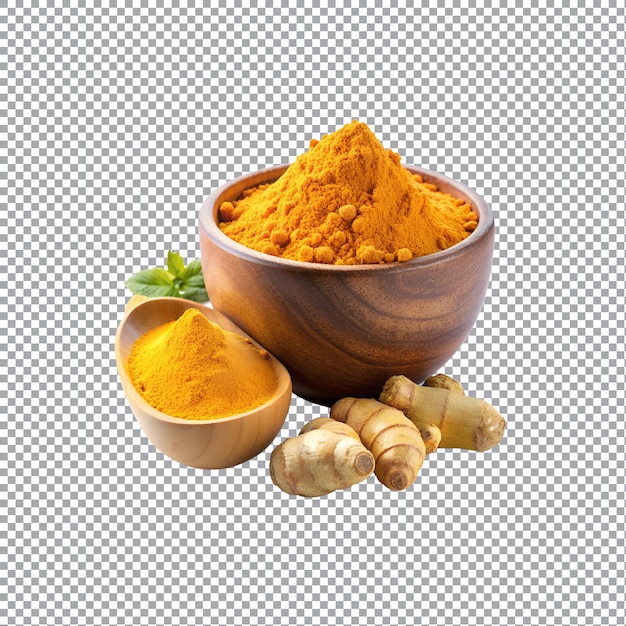 Turmeric powder in a bowl on white background