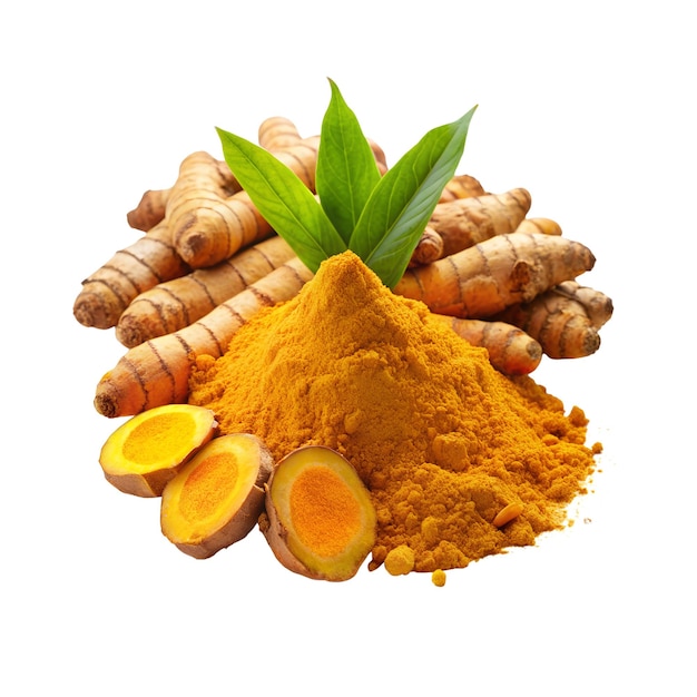 Vector turmeric powder and turmeric root on transparent background