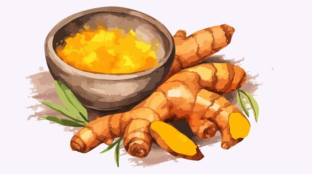 Vector turmeric root and powder in bowl watercolor illustration