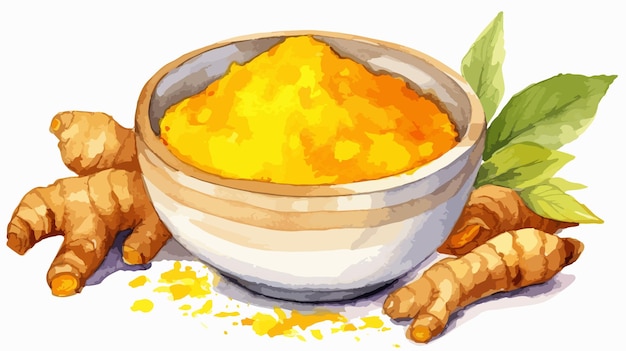 Vector turmeric root and powder in bowl watercolor illustration