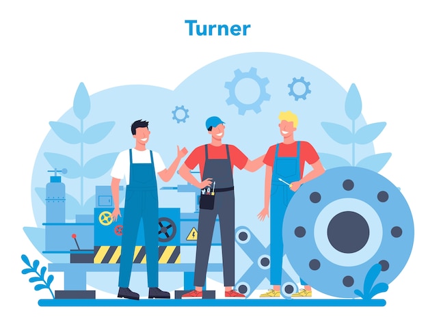 Turner or lathe concept. Factory worker using turning machine to make metal detail. Metalworking and industrial manufacturing. Isolated flat vector illustration