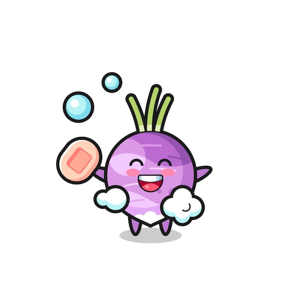 Turnip character is bathing while holding soap