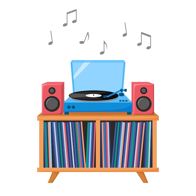 Turntable playing music vinyl record Audio device with acoustic system Vinyl collection Vector