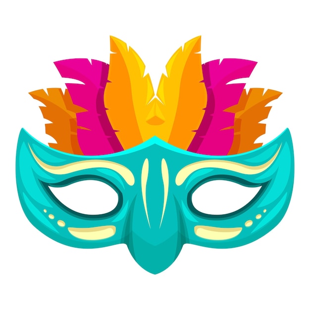 Turquoise carnival mask with colorful feathers is smiling