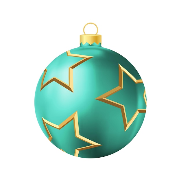 Turquoise Christmas tree toy with golden stars Realistic color illustration