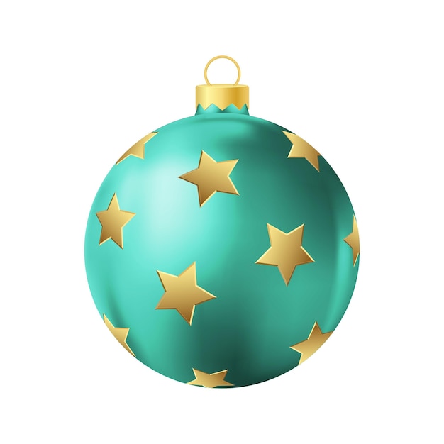 Turquoise Christmas tree toy with golden stars Realistic color illustration