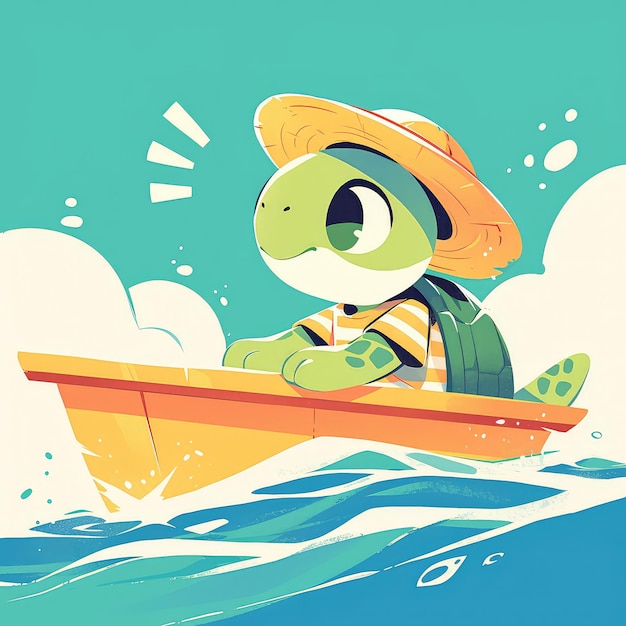 A turtle on a boat cartoon style