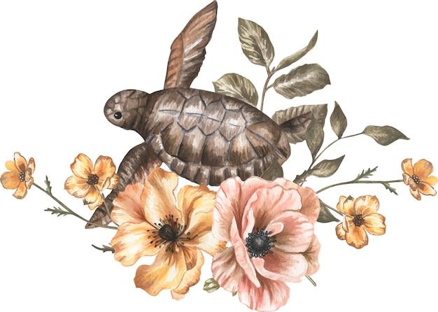 Turtle in a frame of flowers watercolor illustration.