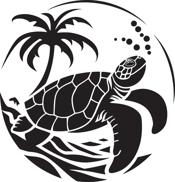 a turtle is swimming in a circle with palm trees