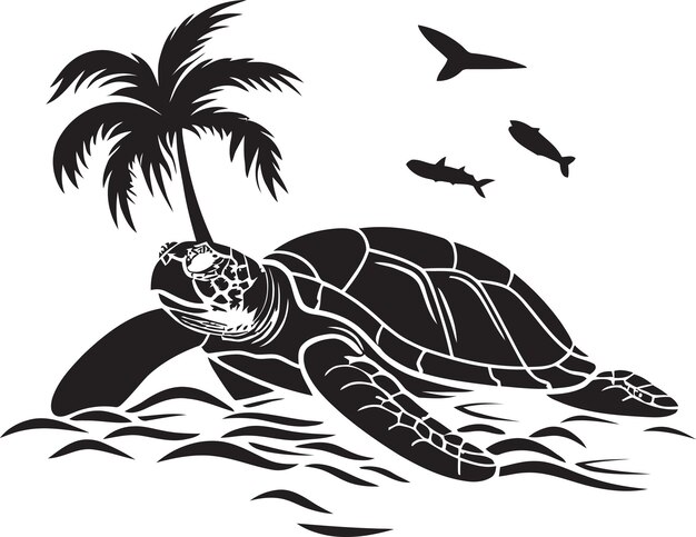 Vector a turtle is swimming in the ocean and a palm tree is in the background