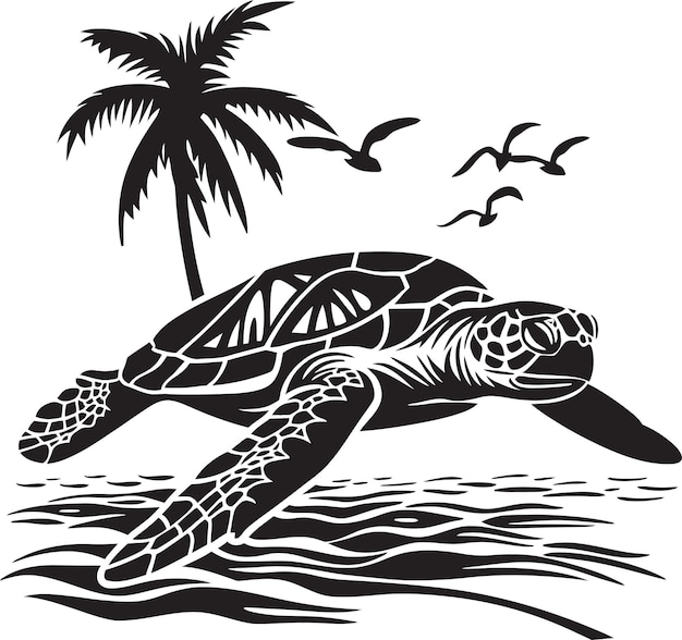 a turtle is swimming in the ocean with a palm tree in the background