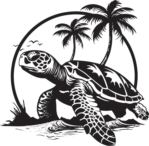 a turtle is walking along a beach with palm trees in the background