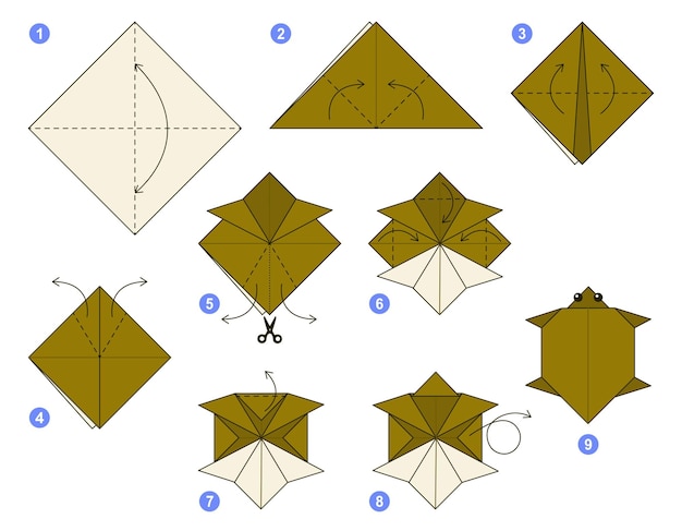 Turtle origami scheme tutorial moving model. Origami for kids. Step by step