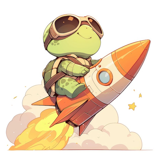 A turtle riding a rocket cartoon style