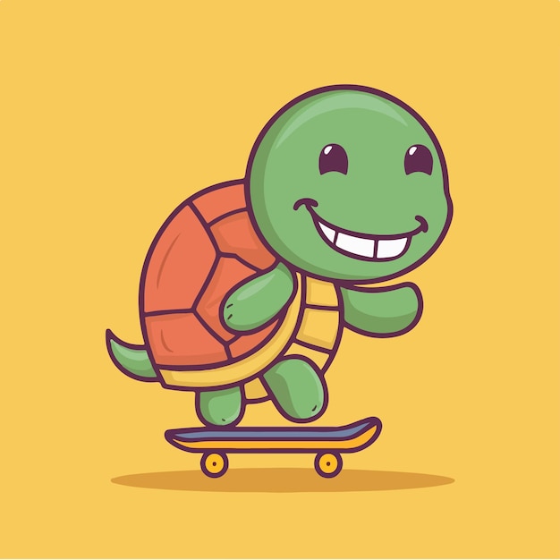 Vector turtle riding a skateboard with smile cartoon style vector illustration