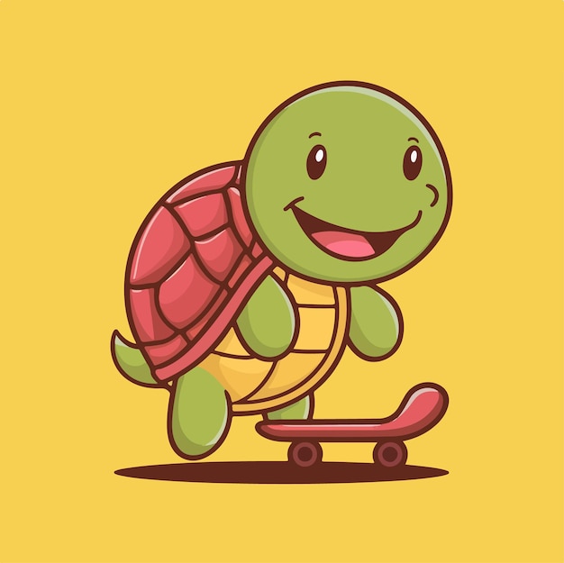 Vector turtle riding a skateboard with smile cartoon style vector illustration