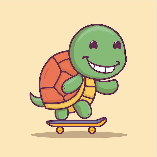 Vector turtle riding a skateboard with smile cartoon style vector illustration