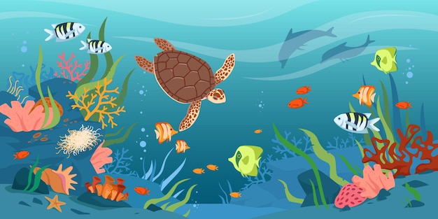 Turtle in sea or ocean waters underwater tropical wildlife vector illustration cartoon aquatic anima