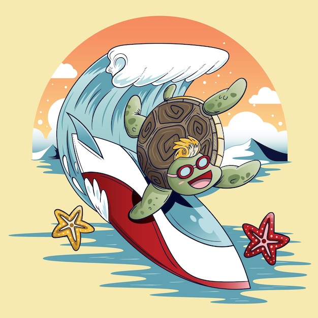 Turtle surfing with surfboard and starfish Vector illustration