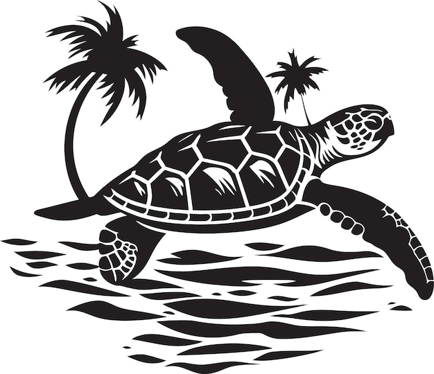 a turtle swimming in the ocean with palm trees in the background