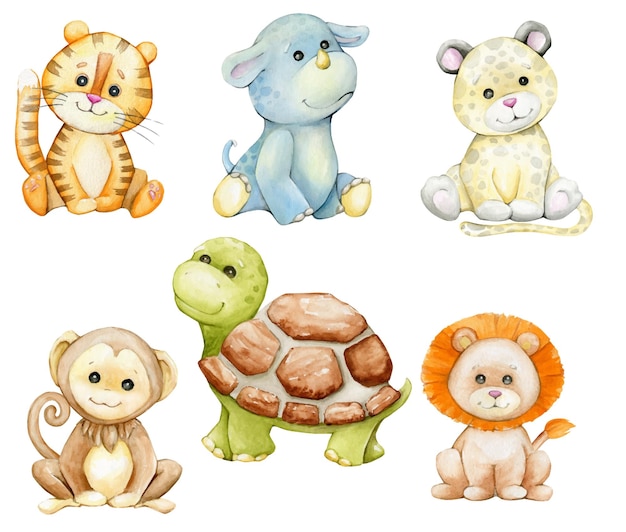 Turtle tiger lion rhinoceros leopard monkey African animals in cartoon style on an isolated background