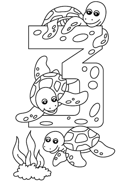 turtle with number three coloring page or book for kids