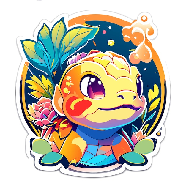 Turtle with tropical leaves in cartoon style