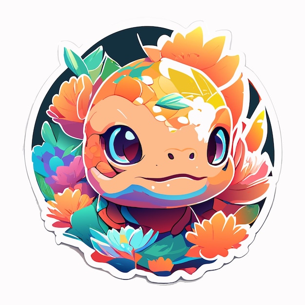 Turtle with tropical leaves in cartoon style