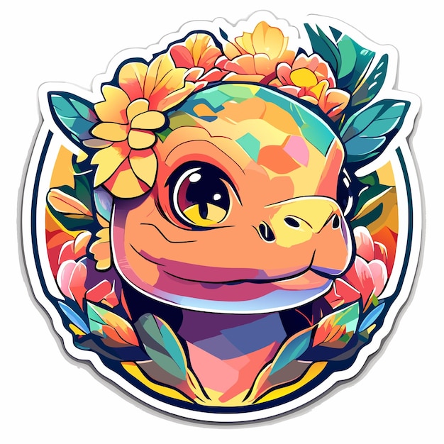 Turtle with tropical leaves in cartoon style