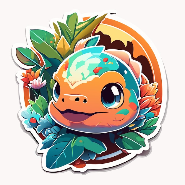 Turtle with tropical leaves in cartoon style