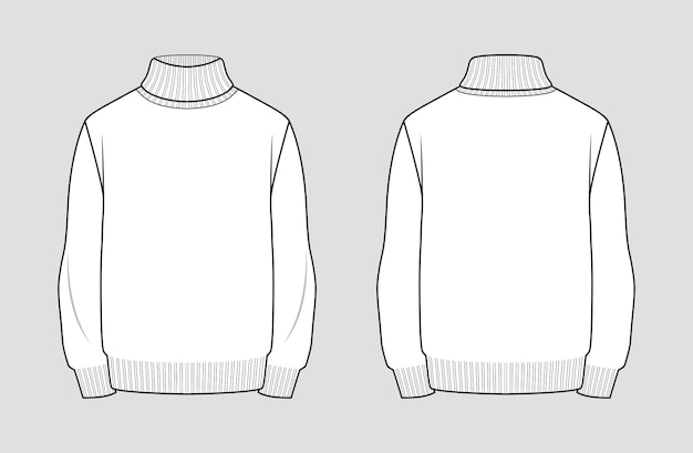 Turtleneck sweater template. Men's clothing. Front and back view. Outline fashion technical sketch of apparel.