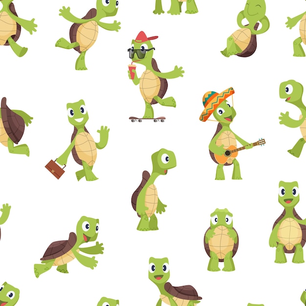 Turtles pattern. Funny kids cartoon turtle, happy cute animals vector seamless texture. Illustration tortoise animal adorable, funny aquatic mascot