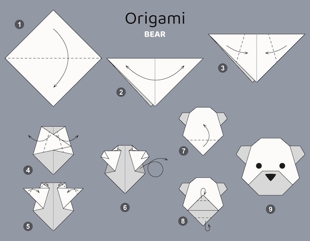 Tutorial Bear origami scheme. isolated origami elements on grey backdrop. Origami for kids.