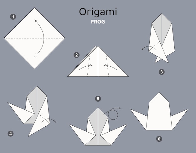 Tutorial Frog origami scheme. isolated origami elements on grey backdrop. Origami for kids.