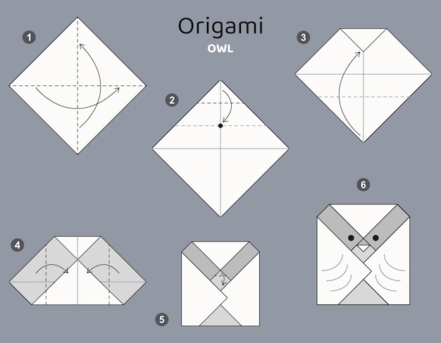 Tutorial Owl origami scheme. isolated origami elements on grey backdrop. Origami for kids.