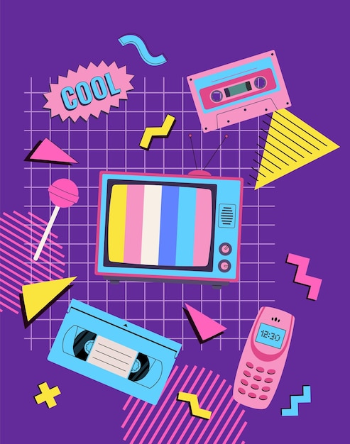 TV aesthetic 90s poster Retro style television and vintage cassette phone Vector background