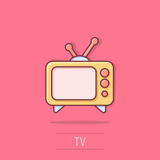 Tv icon in comic style Television cartoon sign vector illustration on white isolated background Video channel splash effect business concept