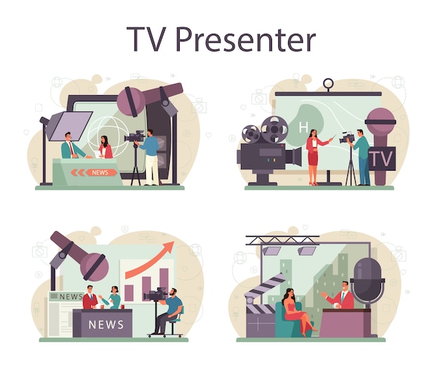 TV presenter concept set. Television host in studio. Broadcaster speaking