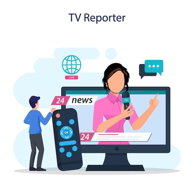 TV presenter concept Television host in studio Broadcaster speaking on camera reporting news Flat vector illustration