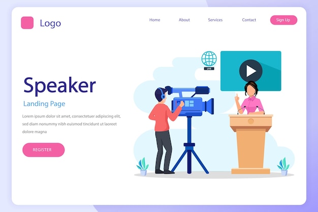 TV presenter landing page website flat vector template