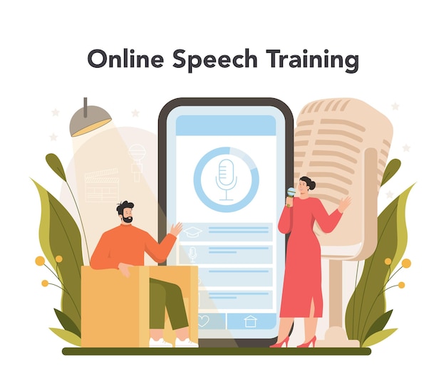 Vector tv presenter online service or platform television host in a studio broadcaster speaking on camera online speech training flat vector illustration