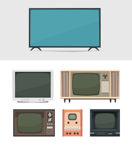 Tv set Retro and modern digital tv for news movies and broadcasts old filming gadgets garish vector illustrations collection