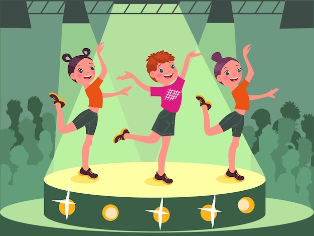 TV talent show Kids dance or vocal competition Musicians contest Musical auditions or concerts Round studio podium with spotlight People audience Splendid vector illustration