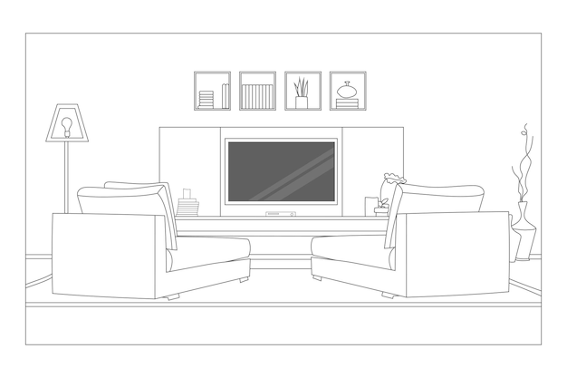 TV Wall Mount on Cabinet line drawing interior design hand sketch illustration