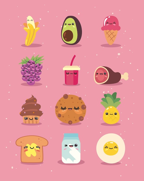 Twelve flat kawaii foods