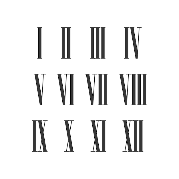 Twelve narrow roman numeral vector set for roman clock