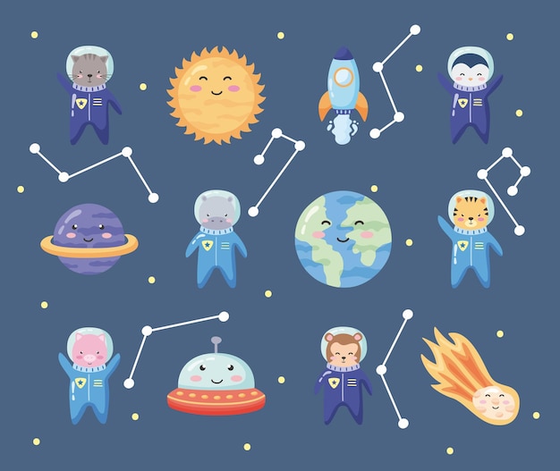 Twelve space animals icons