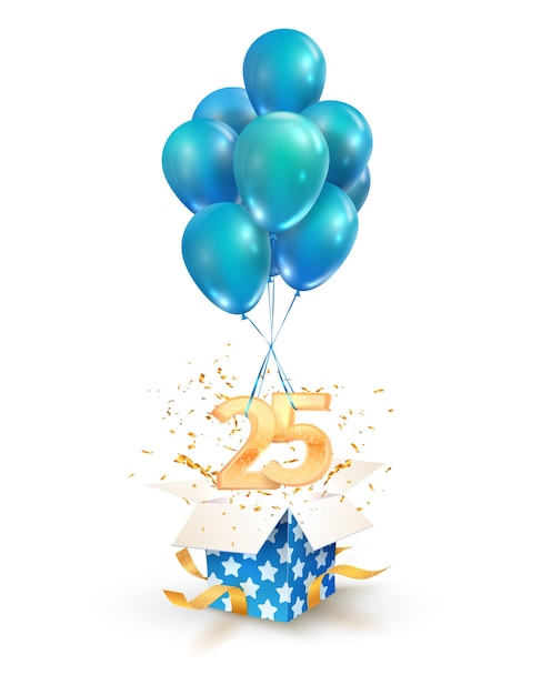 Twenty five years celebrations Greetings of twenty fifth anniversary isolated design. Open textured gift box with numbers and flying on balloons