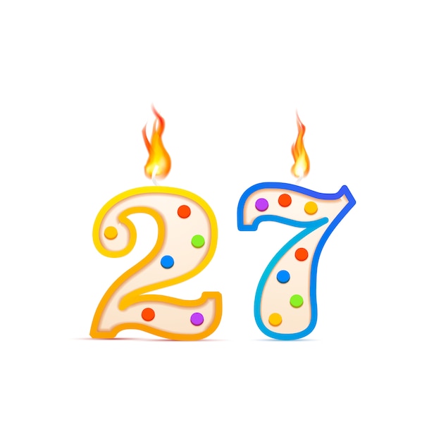 Twenty seven years anniversary, 27 number shaped birthday candle with fire on white